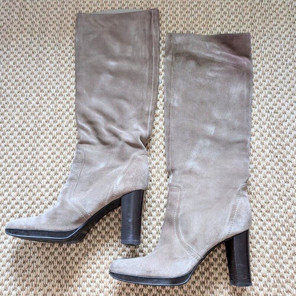 SERGIO ROSSI Knee-High Taupe Suede Slouchy Boots, size EUR 40/US 10